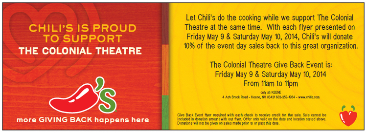 Join us at Chili's on May 9 and 10 :: The Colonial Theatre is a 501(c)3 nonprofit organization. Thank you for your support.