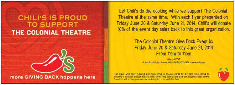 Chilis gives back - June 20 and June 21 :: The Colonial Theatre is a 501(c)3 nonprofit organization. Thank you for your support.